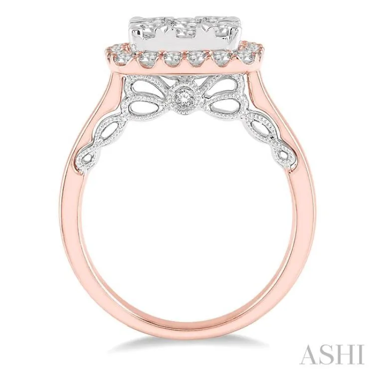 1 1/2 Ctw Cushion Shape Lovebright Round Cut Diamond Cluster Ring in 14K Rose and White Gold