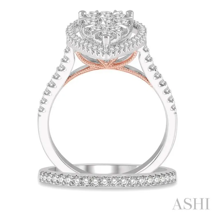 1 1/5 Ctw Lovebright Diamond Wedding Set With 1 Ctw Pear Shape Engagement Ring and 1/5 Ctw Wedding Band in 14K White and Rose Gold