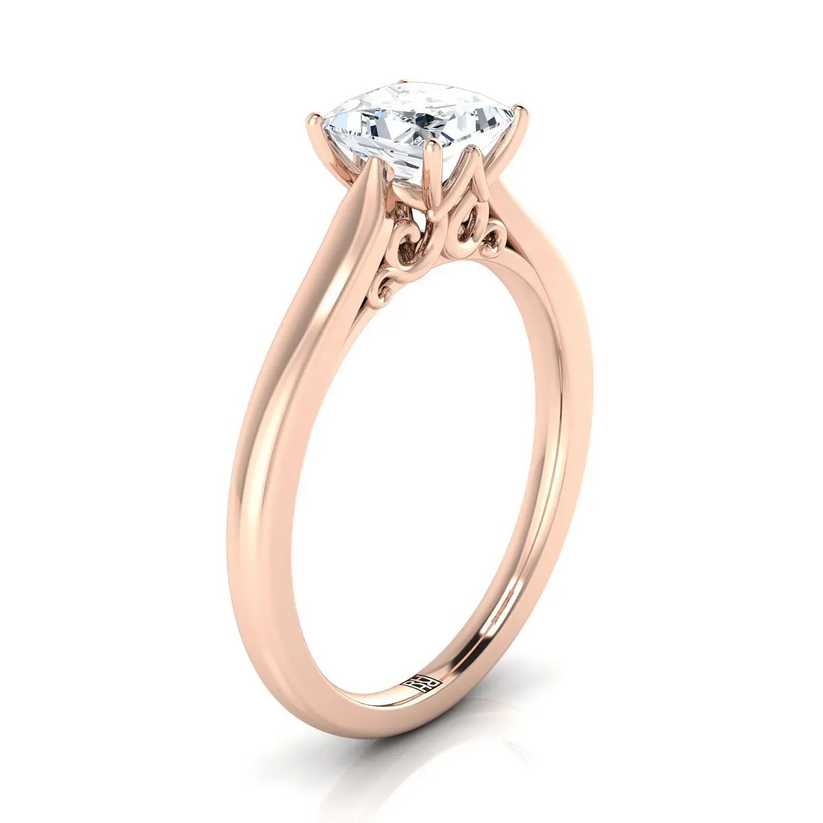 14K Rose Gold Princess Cut Scroll Gallery Comfort Fit Solitaire Engagement Ring