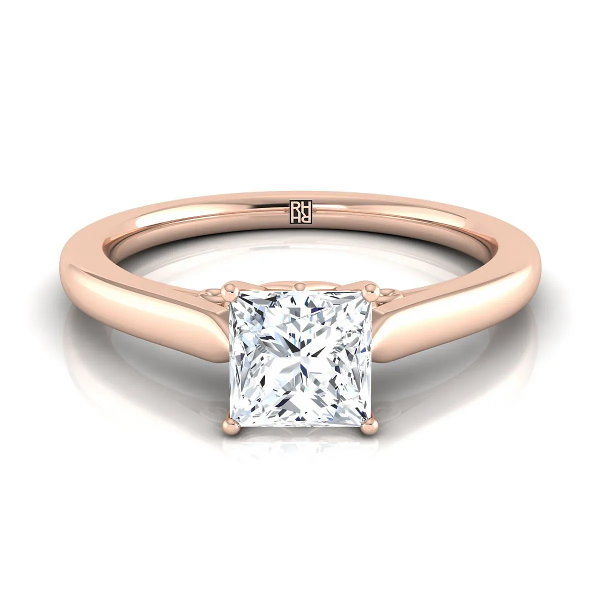 14K Rose Gold Princess Cut Scroll Gallery Comfort Fit Solitaire Engagement Ring