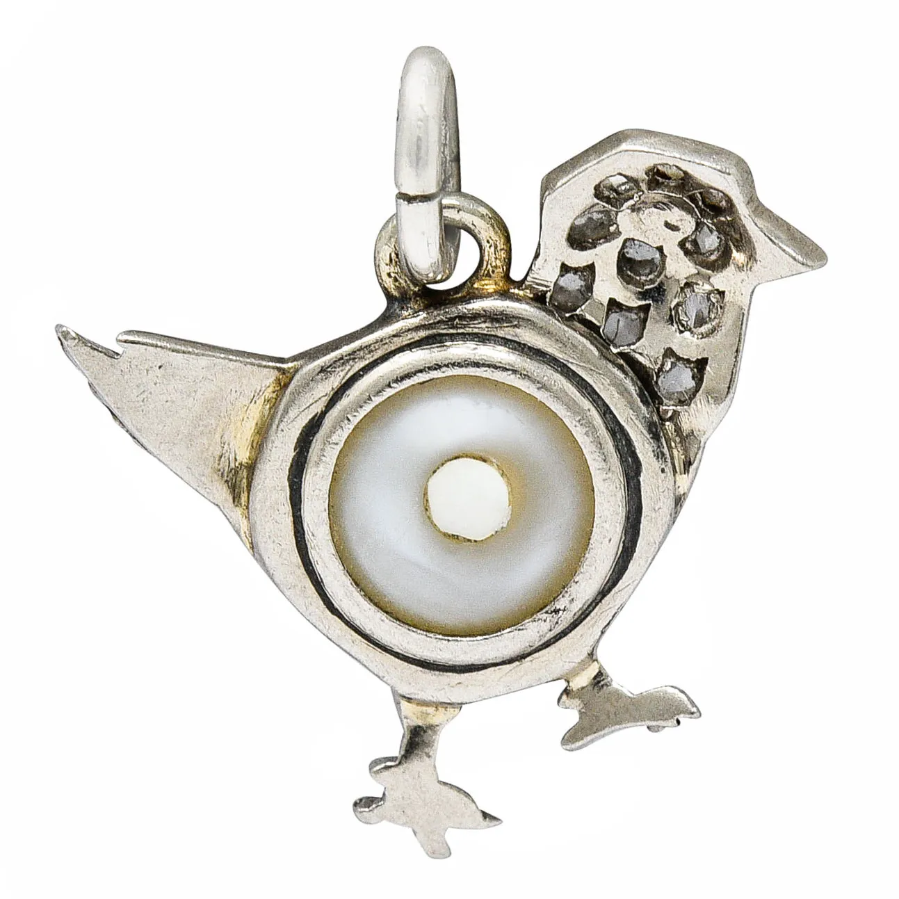 1920's Art Deco Pave Diamond Pearl Platinum Chick Charm