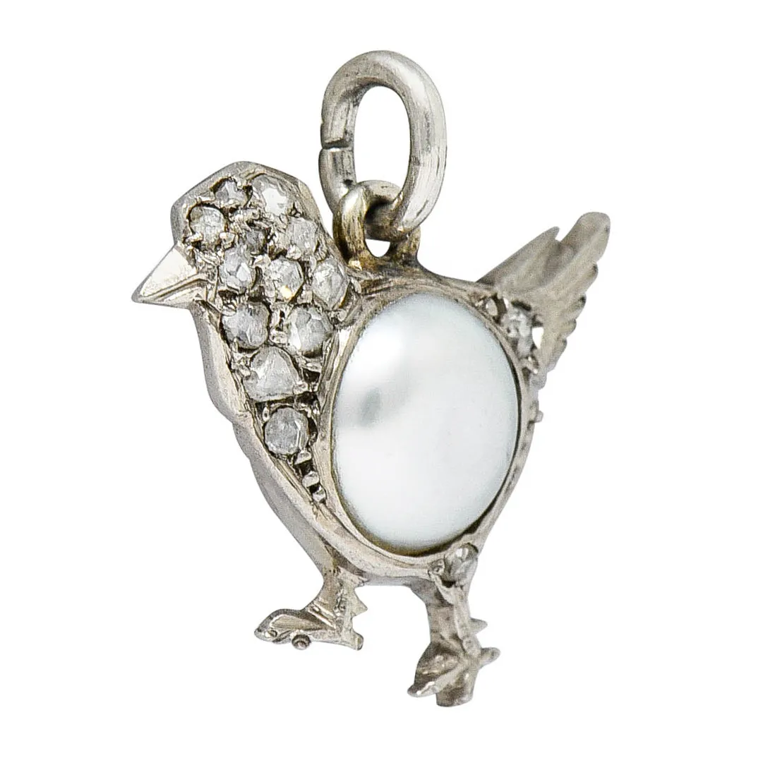 1920's Art Deco Pave Diamond Pearl Platinum Chick Charm