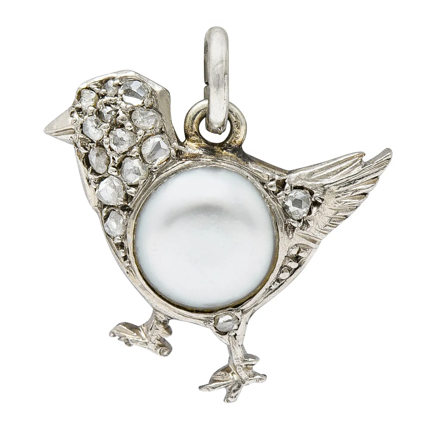 1920's Art Deco Pave Diamond Pearl Platinum Chick Charm