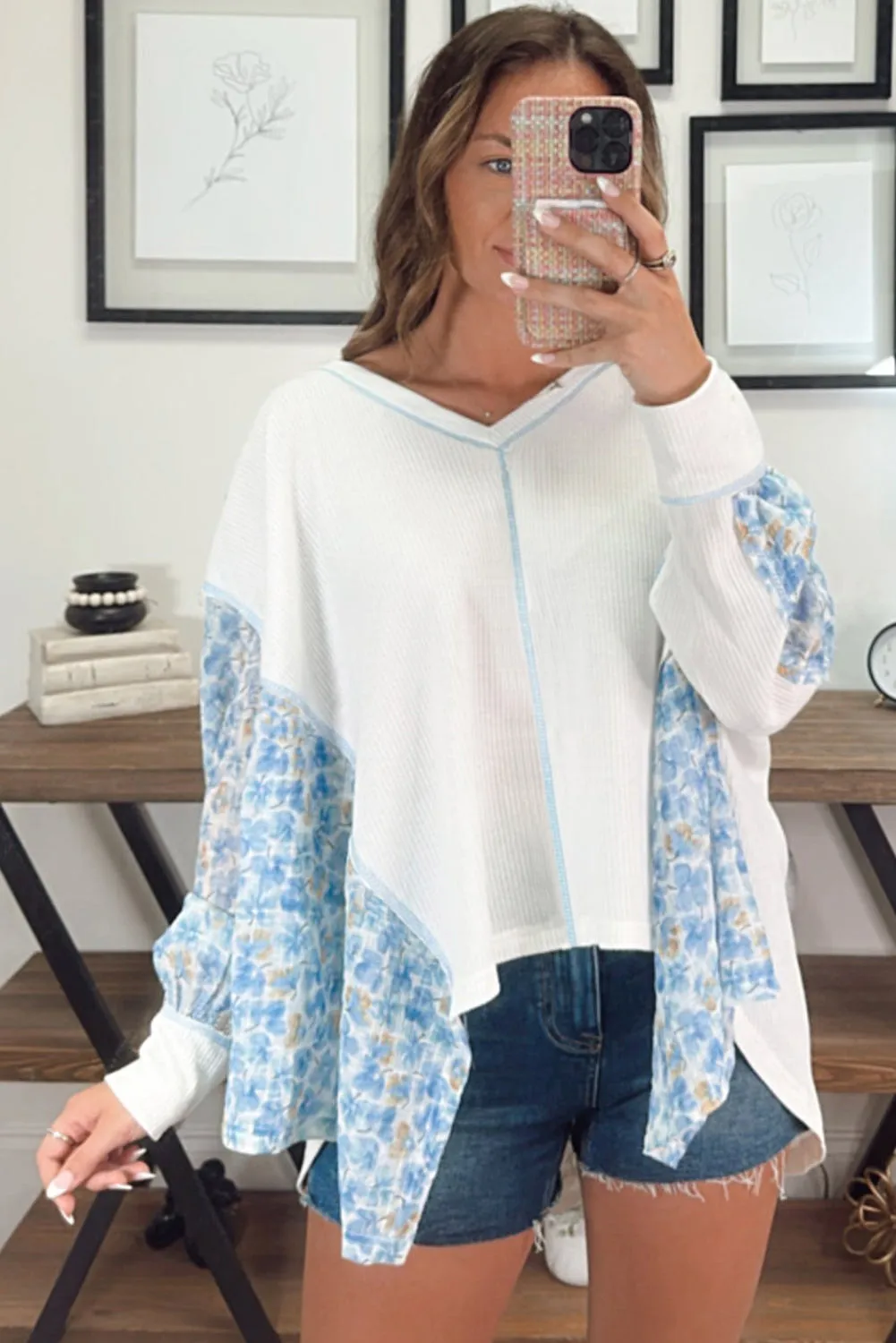 Abstract Floral Patchwork Batwing Sleeve V Neck Blouse