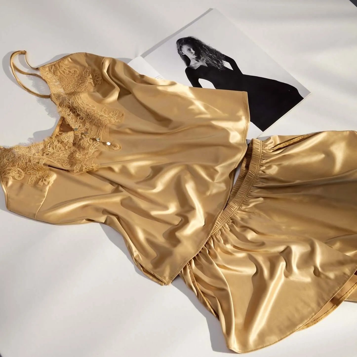 Ajour Calissons Satin Cami Short Set in Gold M11/SHRJ11