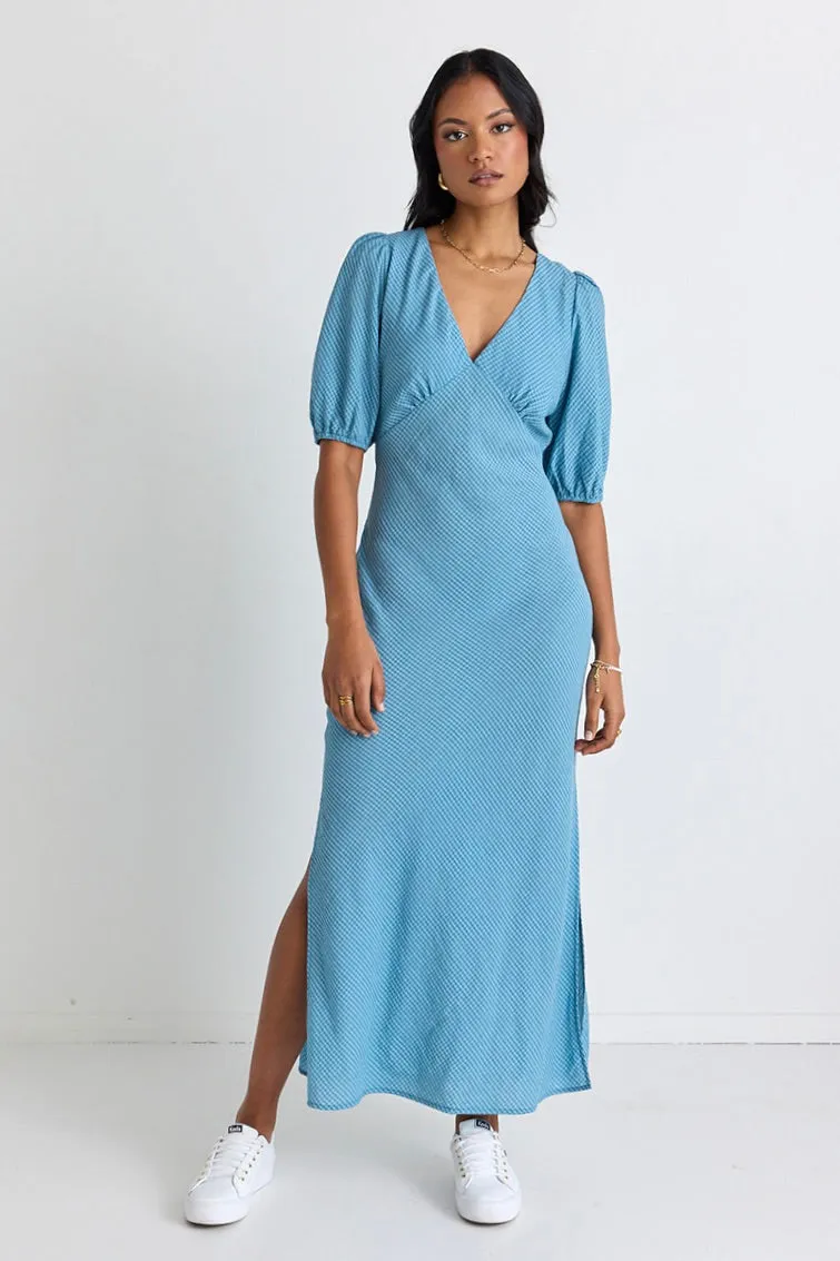 Amora Sky Blue Gingham SS Bias Midi Dress