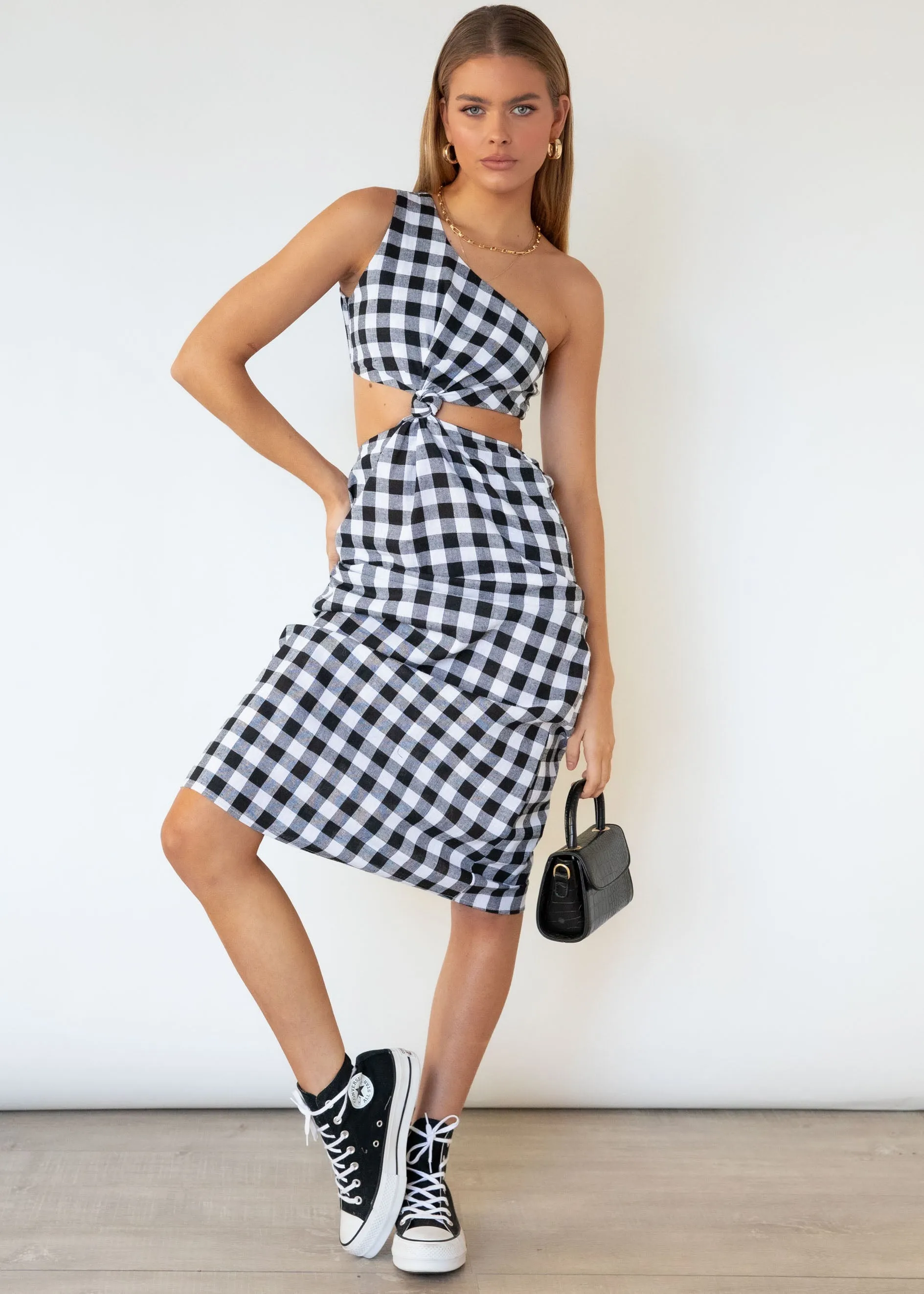 Annabel One Shoulder Midi Dress - B&W Gingham