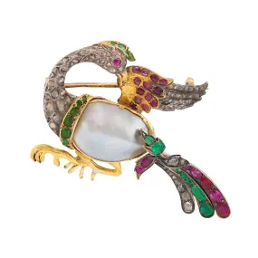 Antique Pearl Emerald Ruby Peridot Diamond Gold and Silver Bird Brooch