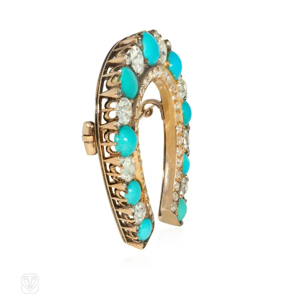 Antique turquoise and diamond horseshoe brooch