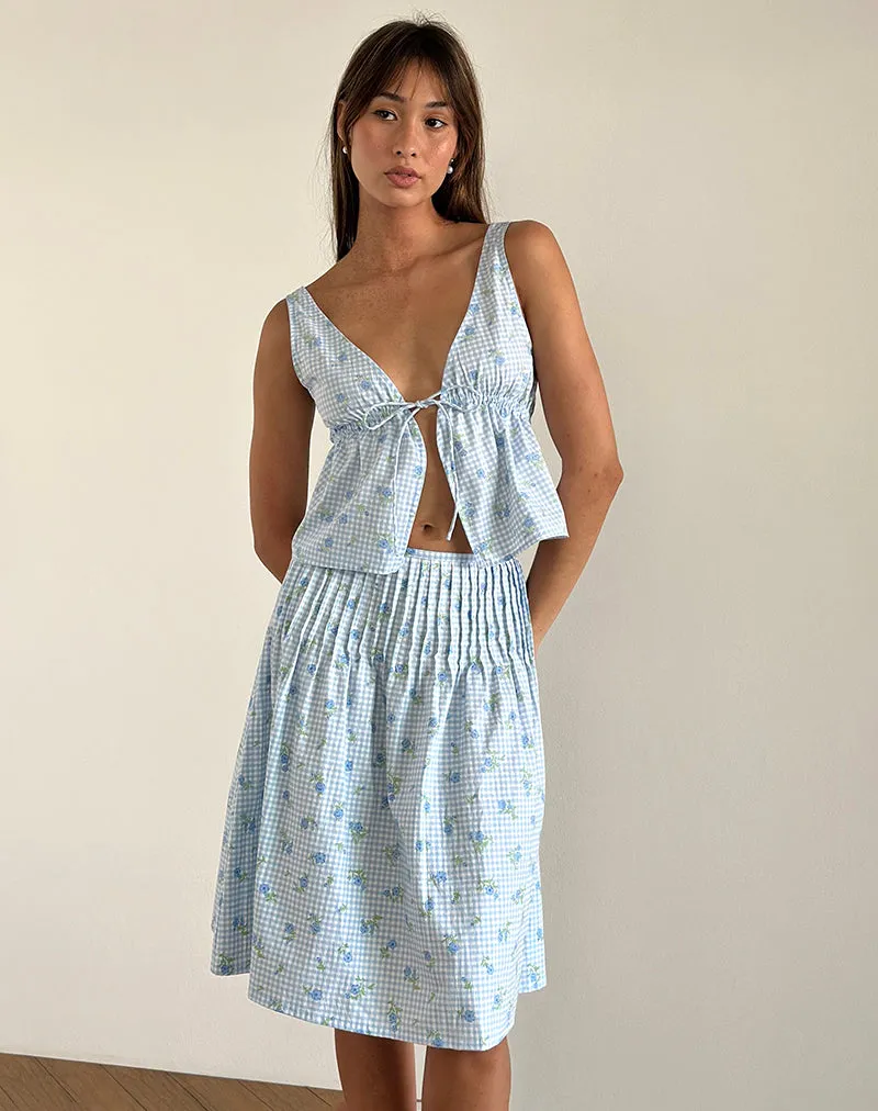 Asada Midi Skirt in Blue Flower Gingham