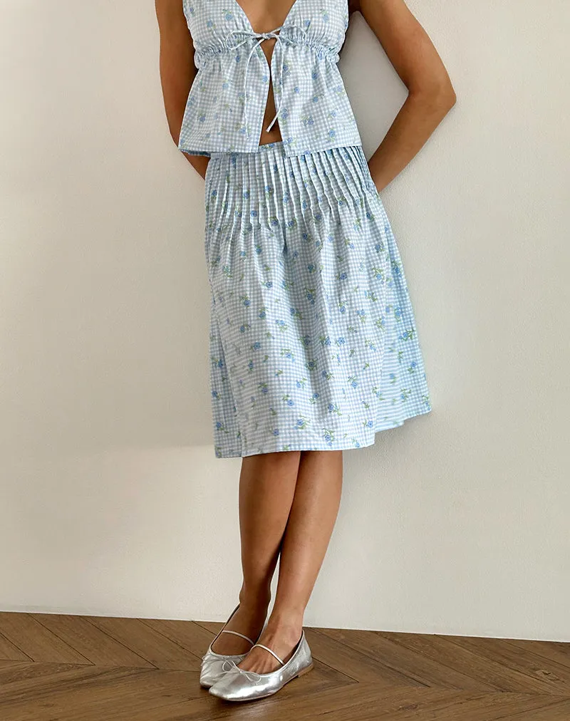 Asada Midi Skirt in Blue Flower Gingham