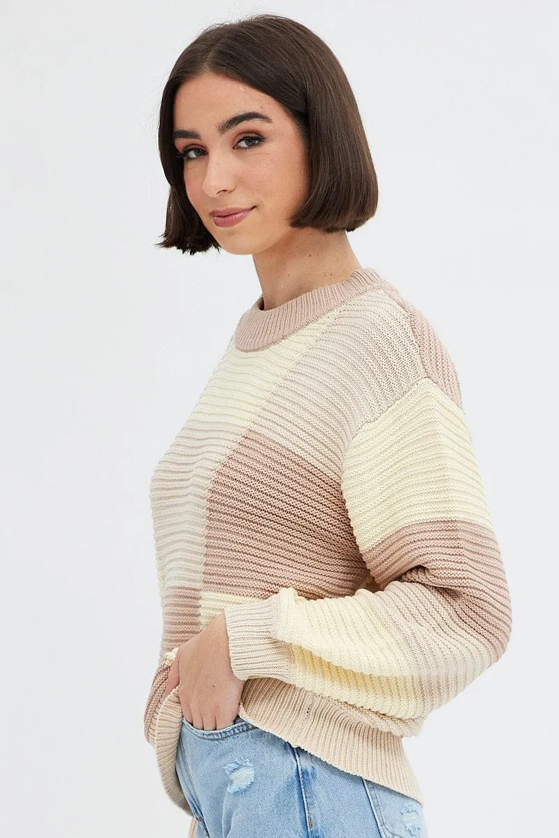 Beige Knit Top Round Neck Long Sleeve Patchwork