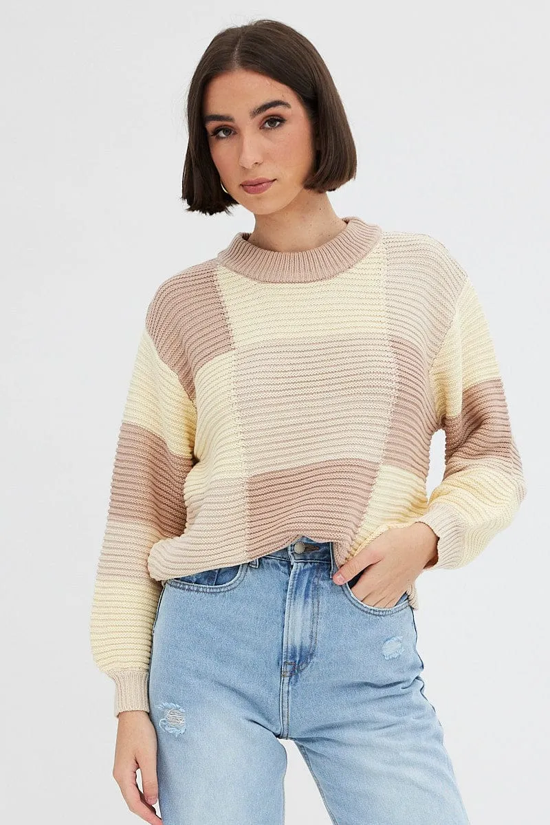 Beige Knit Top Round Neck Long Sleeve Patchwork