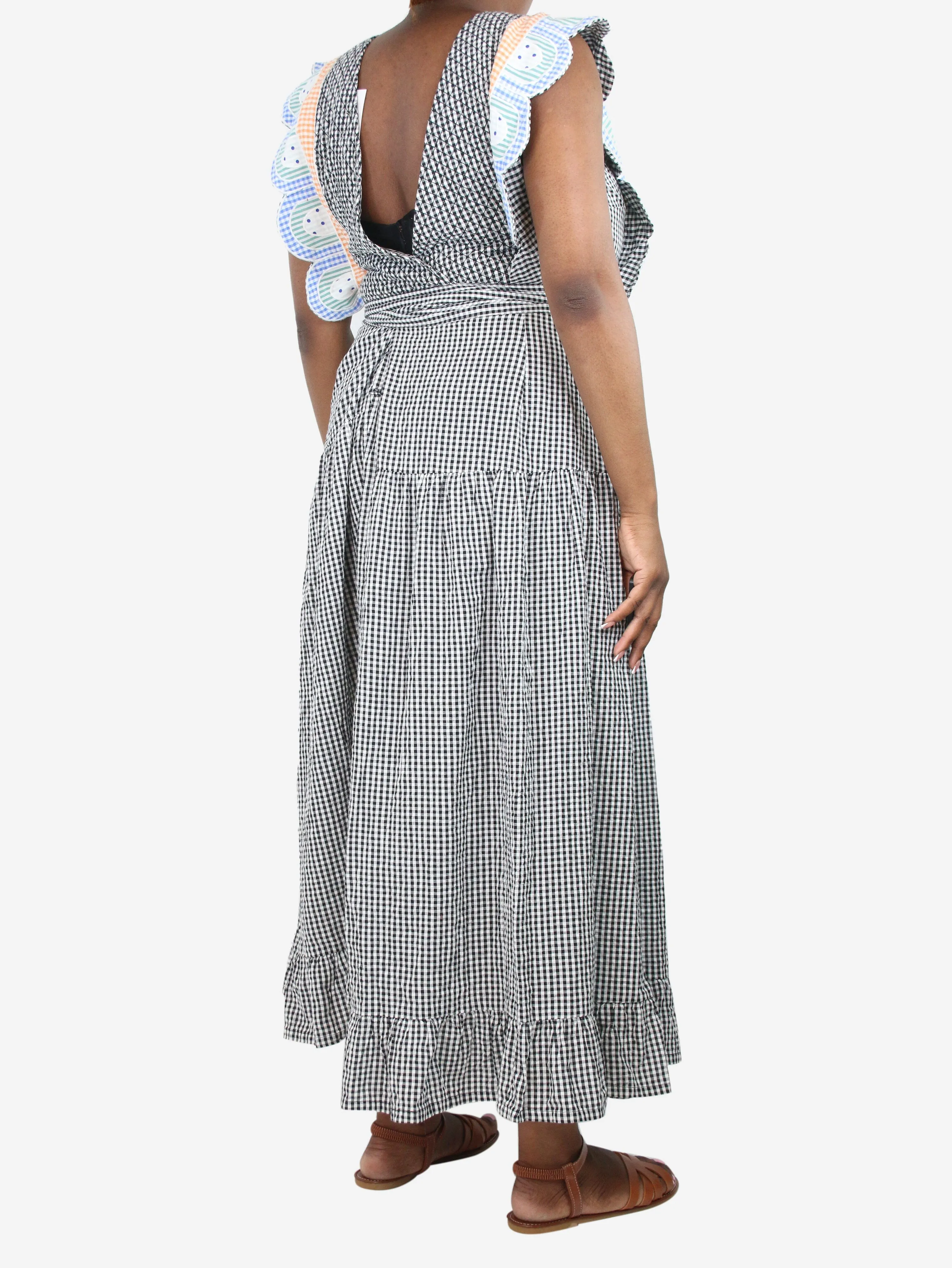 Black gingham wrap-around midi dress - size UK 12