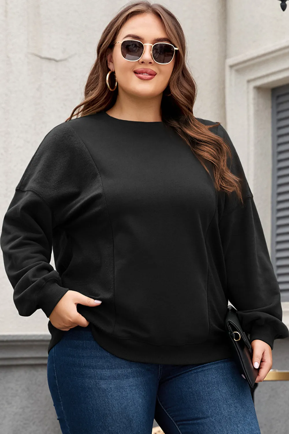 Black Loose Patchwork Crewneck Plus Size Sweatshirt