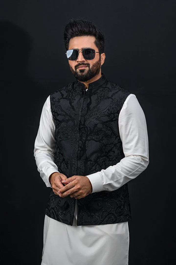 Black Self Embossed Waistcoat