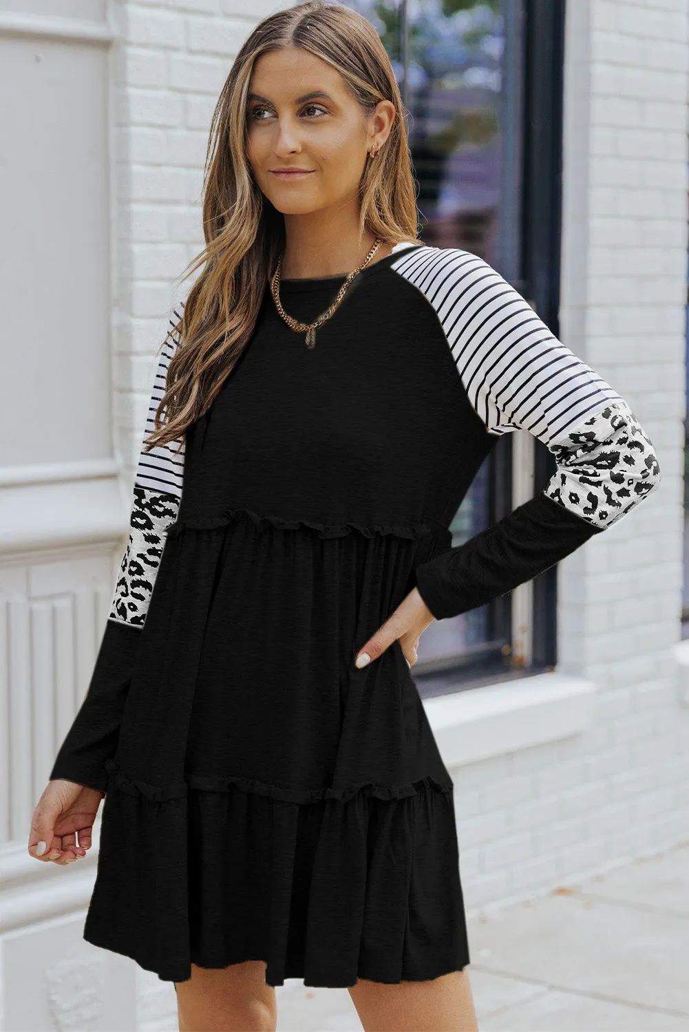 Black Striped Leopard Patchwork Long Sleeve Mini Dress