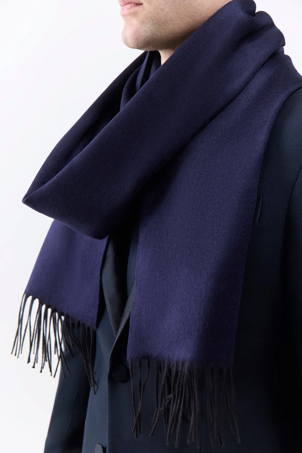 Blaine Fringe Scarf in Dark Navy Silk Cashmere