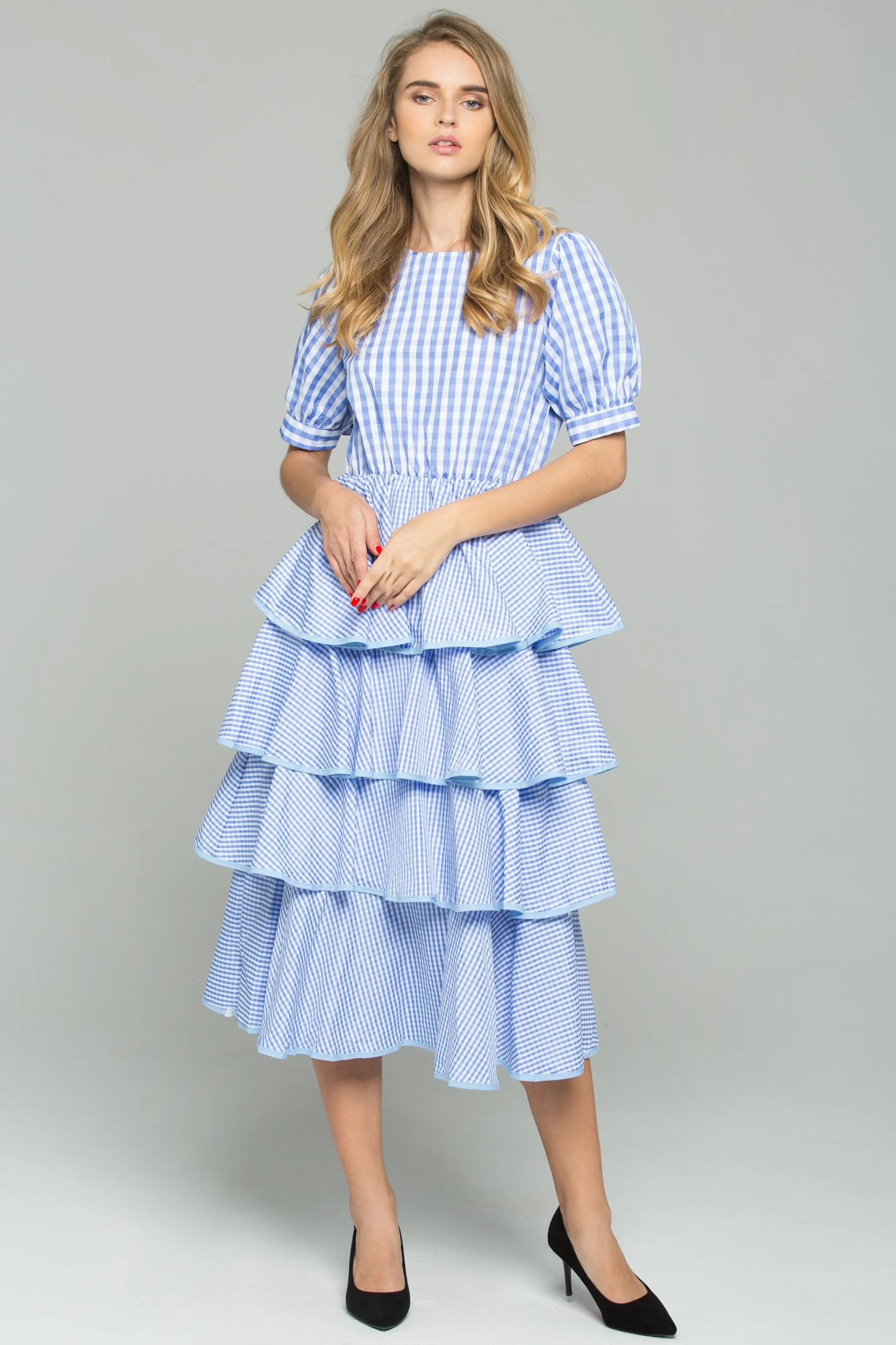 Blue and White Gingham Midi Dress