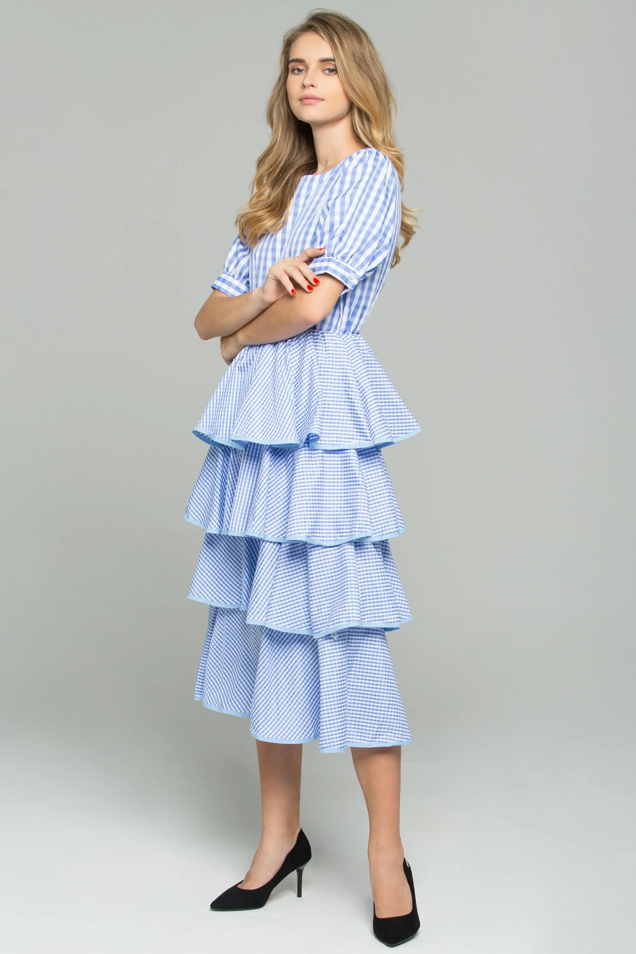 Blue and White Gingham Midi Dress