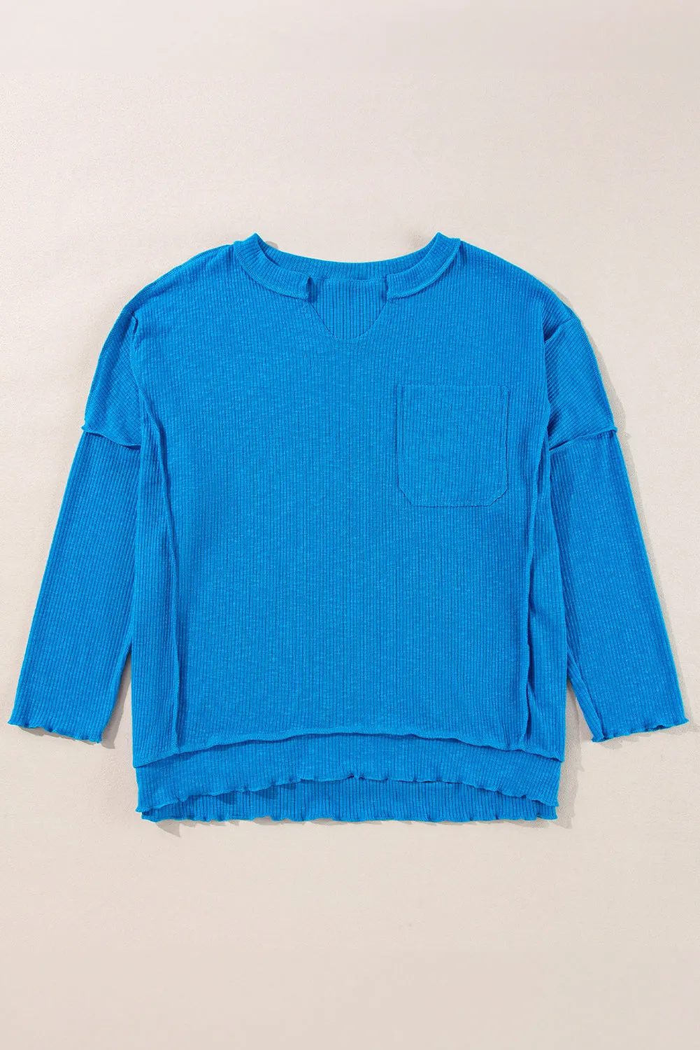 Blue Ribbed Exposed Seam Knit V Neck Long Sleeve Top