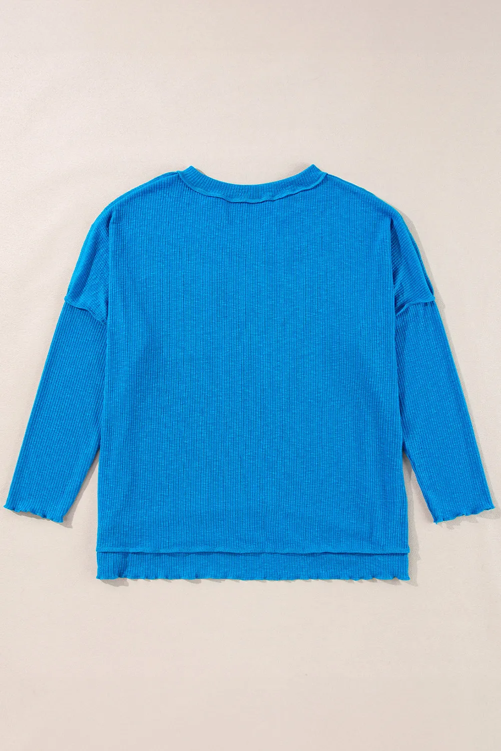 Blue Ribbed Exposed Seam Knit V Neck Long Sleeve Top