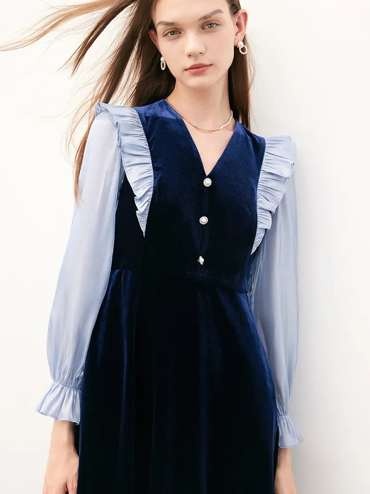 Blue Velvet Patchwork Midi Dress