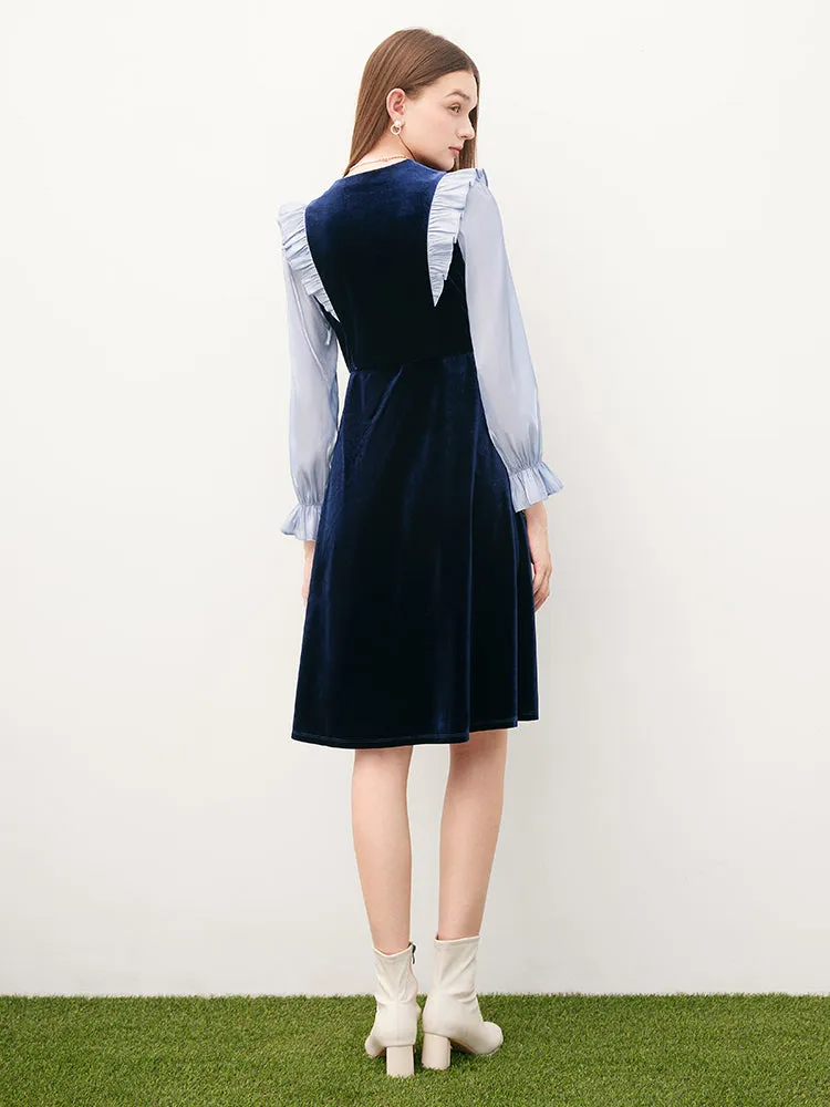 Blue Velvet Patchwork Midi Dress