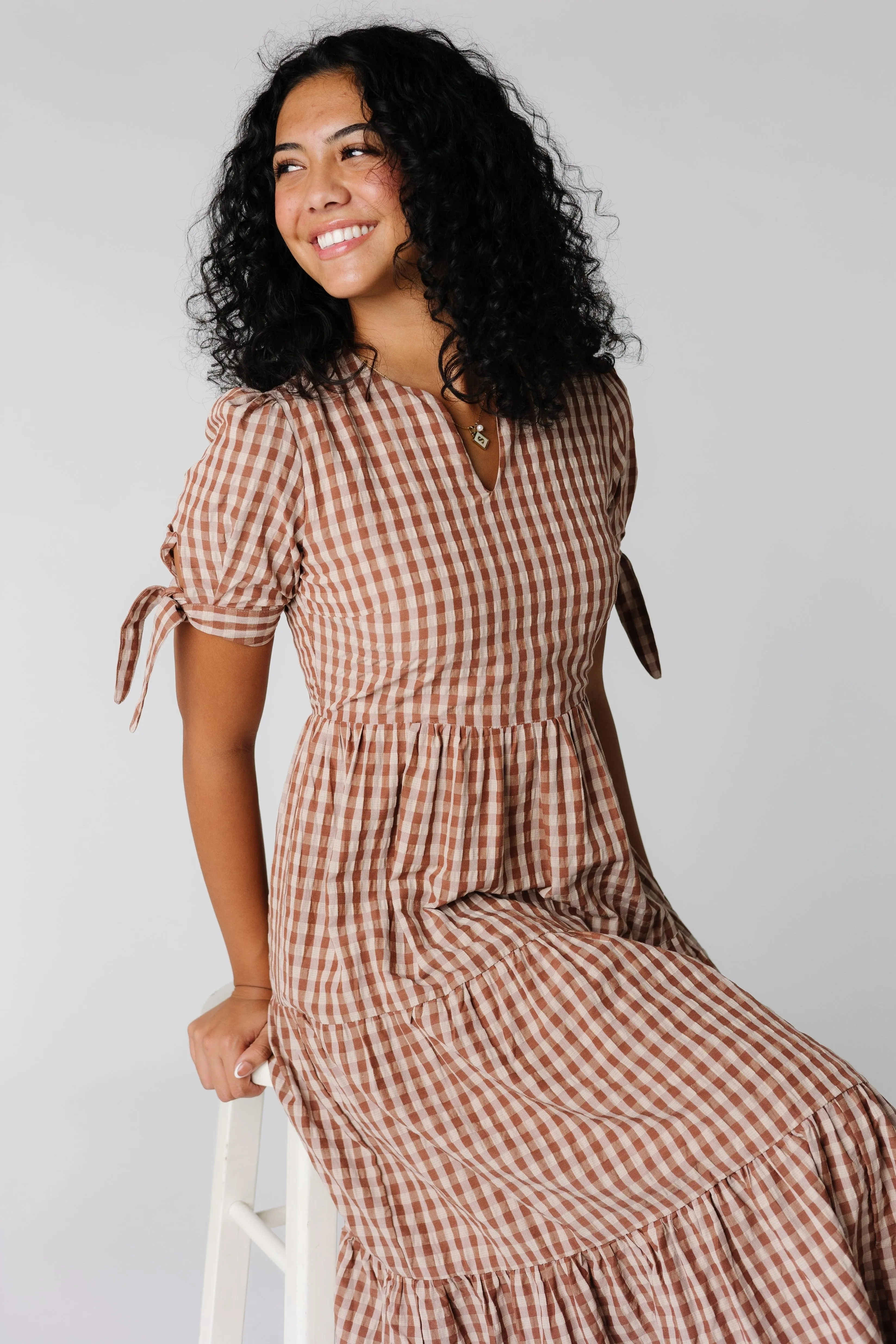 Brass & Roe Gingham Tie-Sleeve Dress