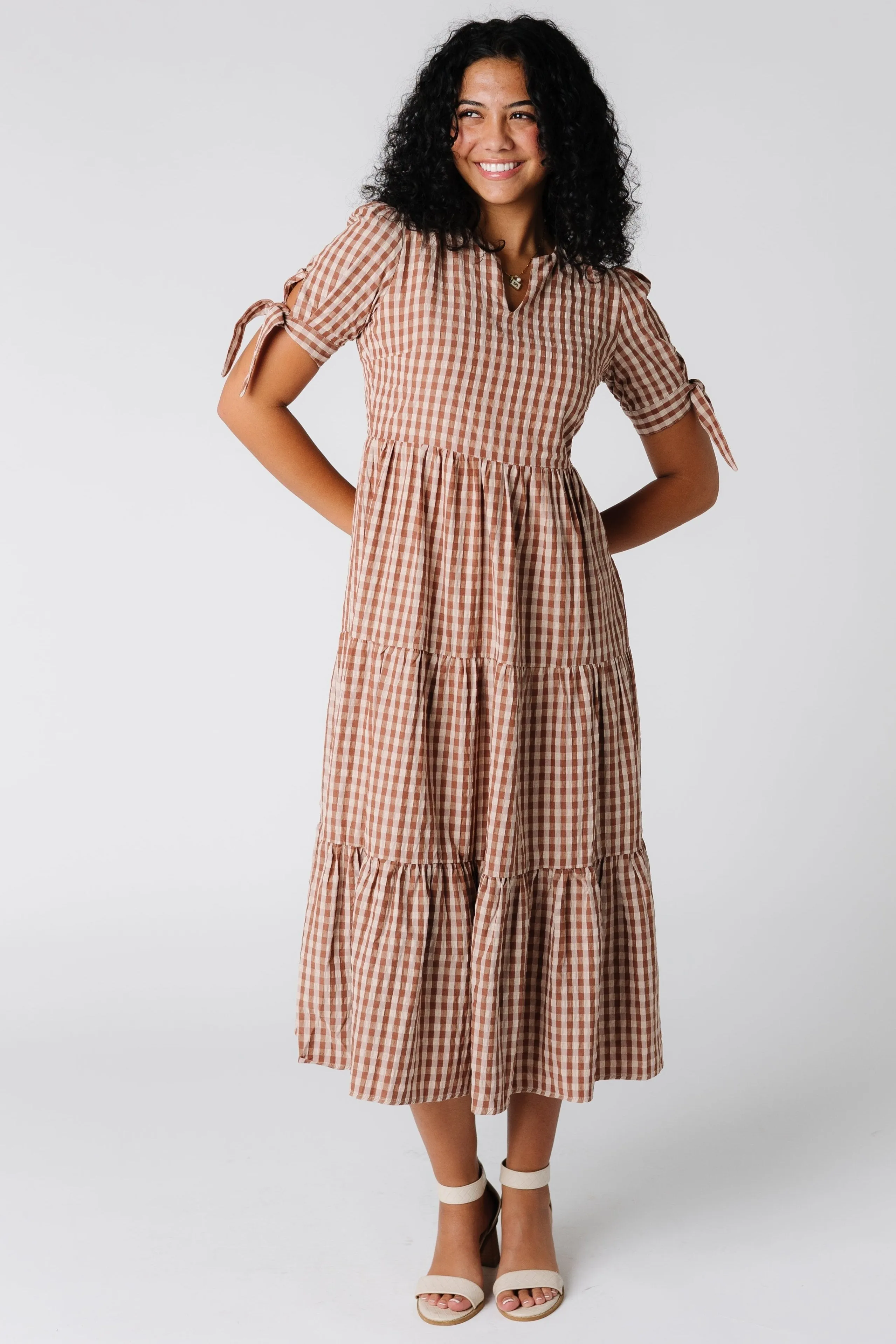 Brass & Roe Gingham Tie-Sleeve Dress