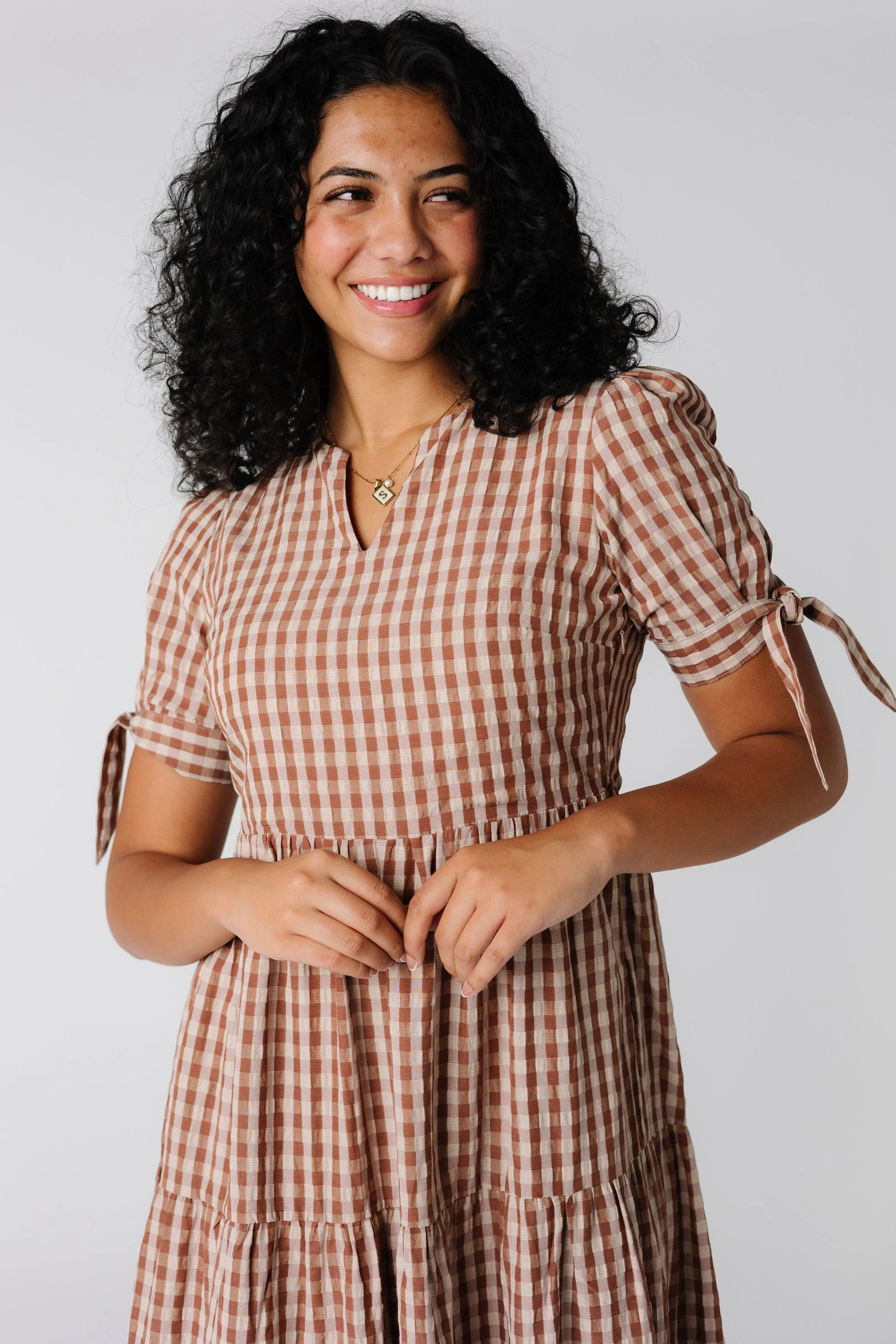 Brass & Roe Gingham Tie-Sleeve Dress