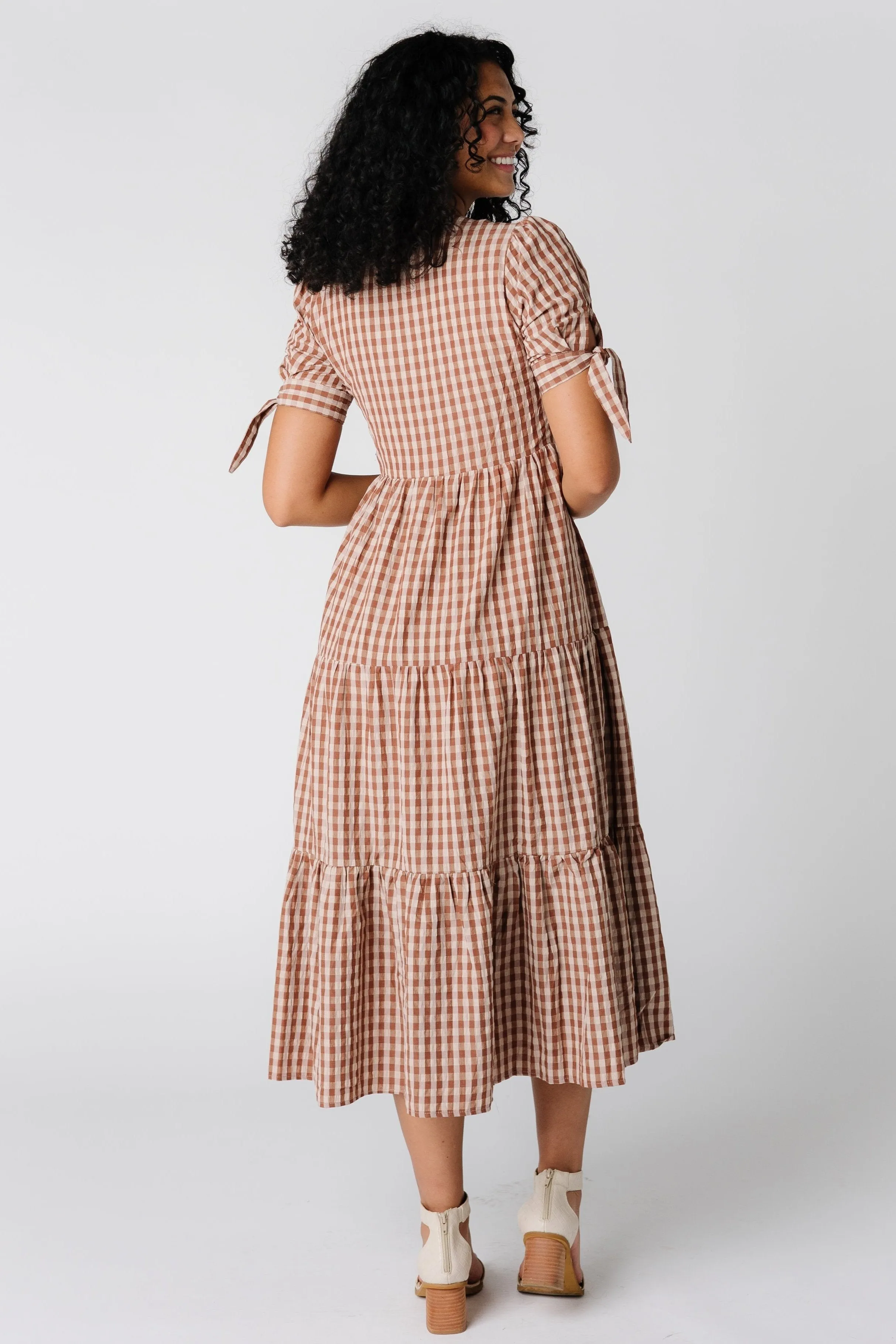 Brass & Roe Gingham Tie-Sleeve Dress