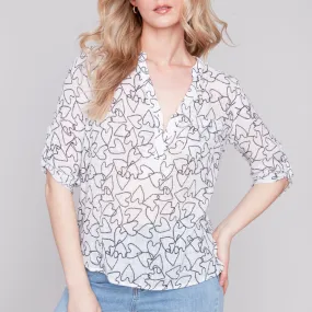 Cotton Gauze Popover Blouse - Coeurs (Only M Left)