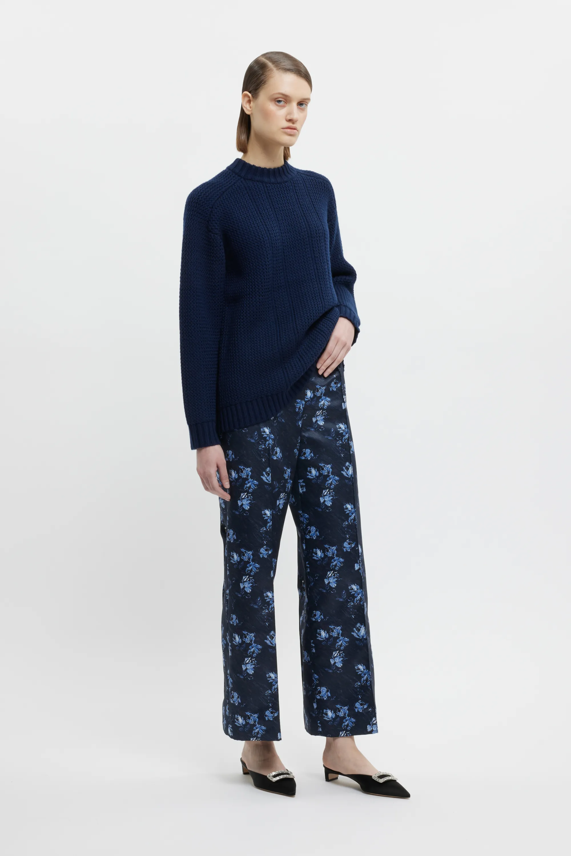 Daffy Trousers In Ditsy Rose On Navy Taffeta Faille