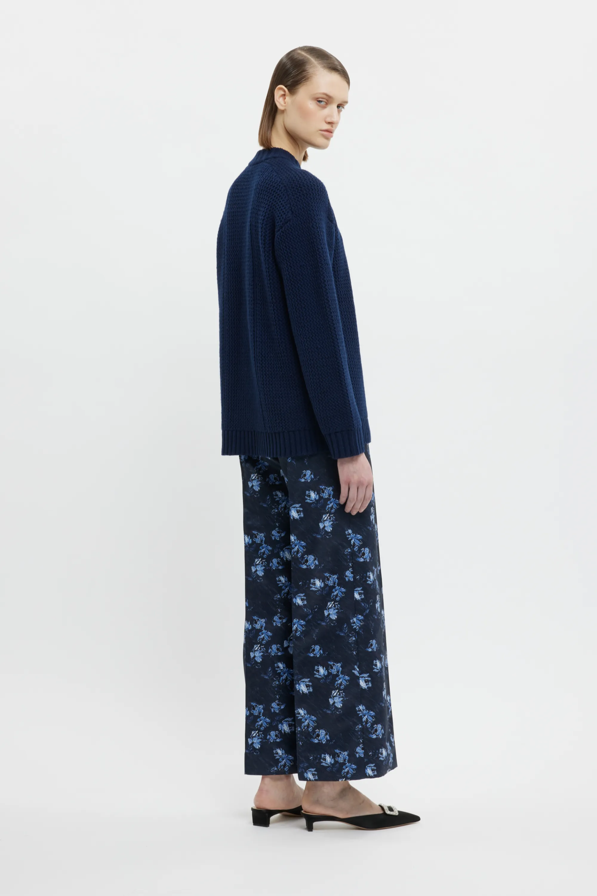 Daffy Trousers In Ditsy Rose On Navy Taffeta Faille