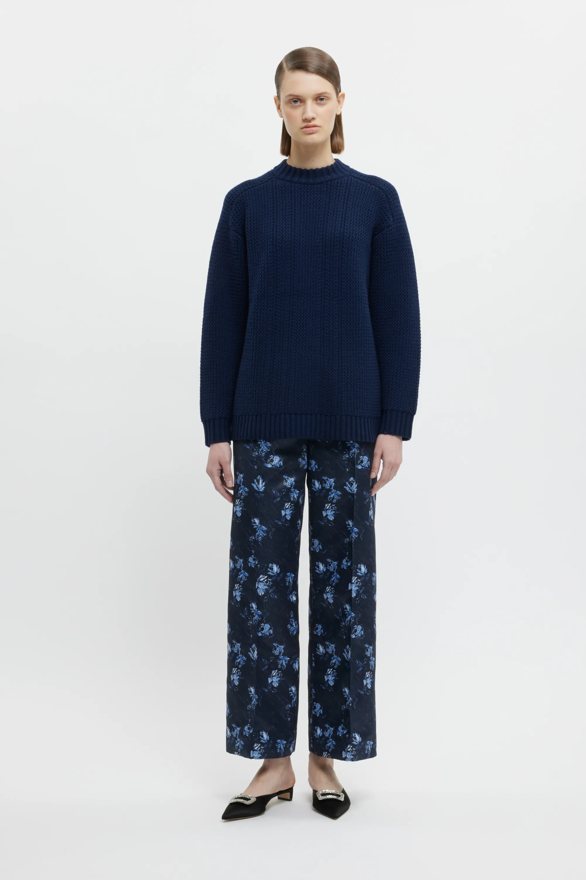 Daffy Trousers In Ditsy Rose On Navy Taffeta Faille