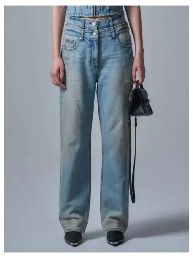 Double waist dirty denim pants blue domestic product