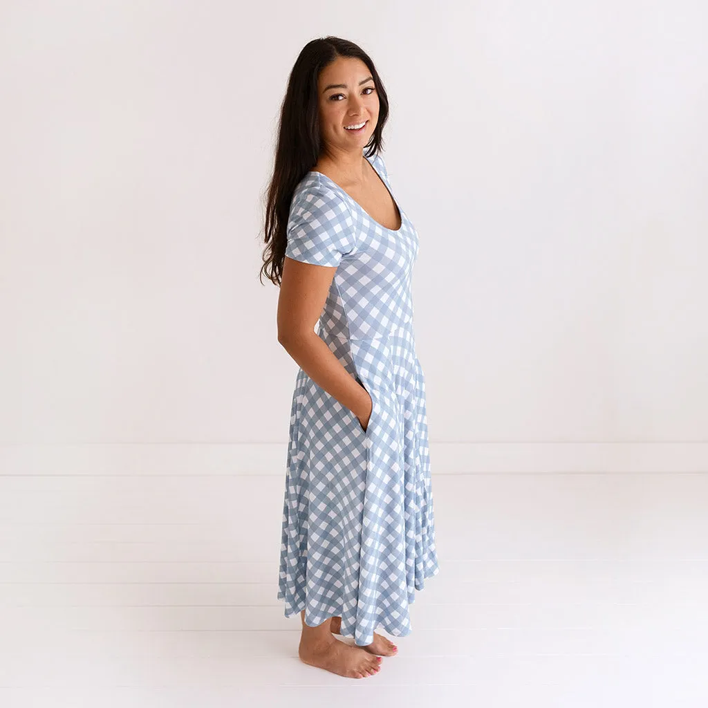 Dusty Blue Gingham Women's Scoop Midi Dress