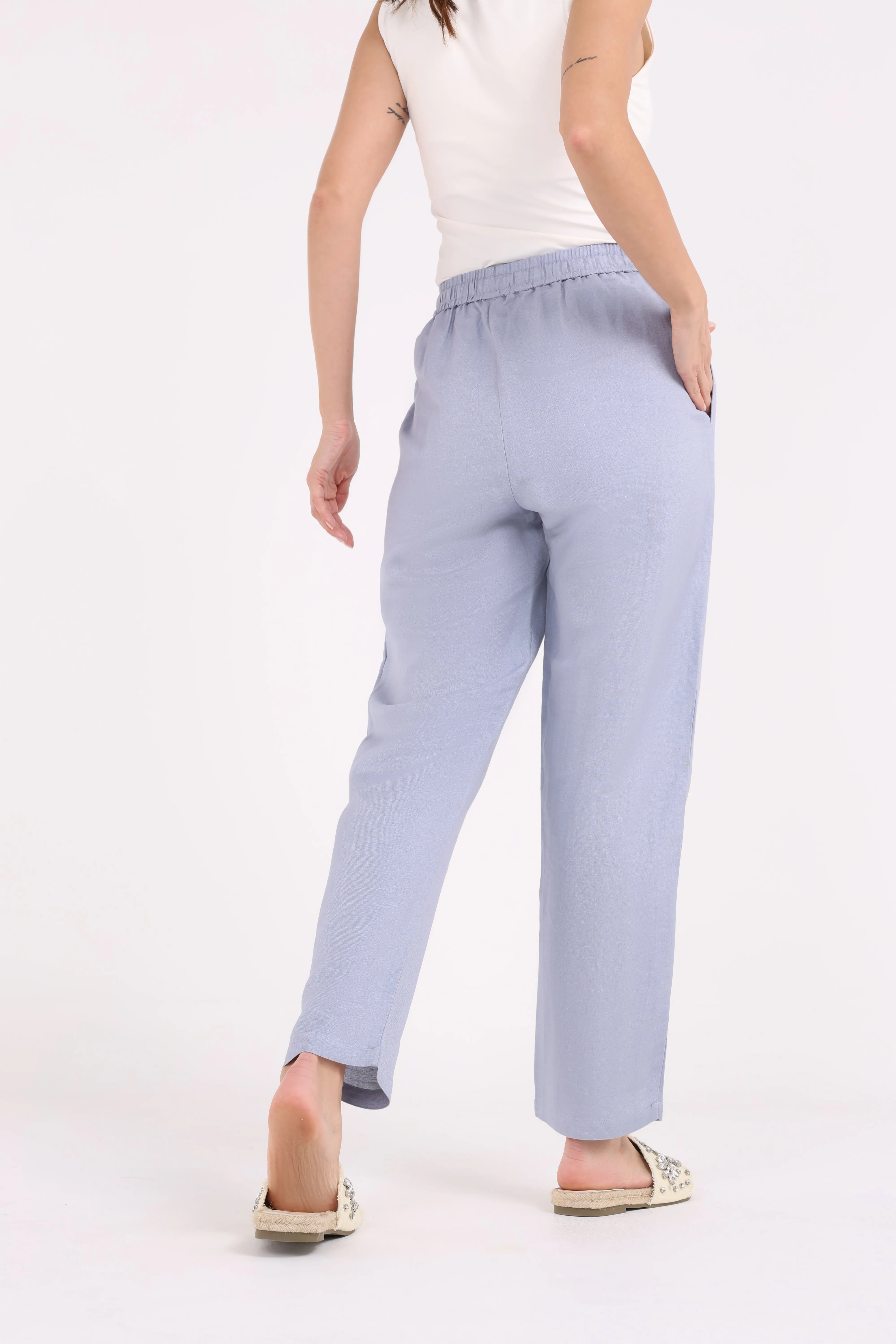 Elastic Waist Straight Leg Solid Trouser