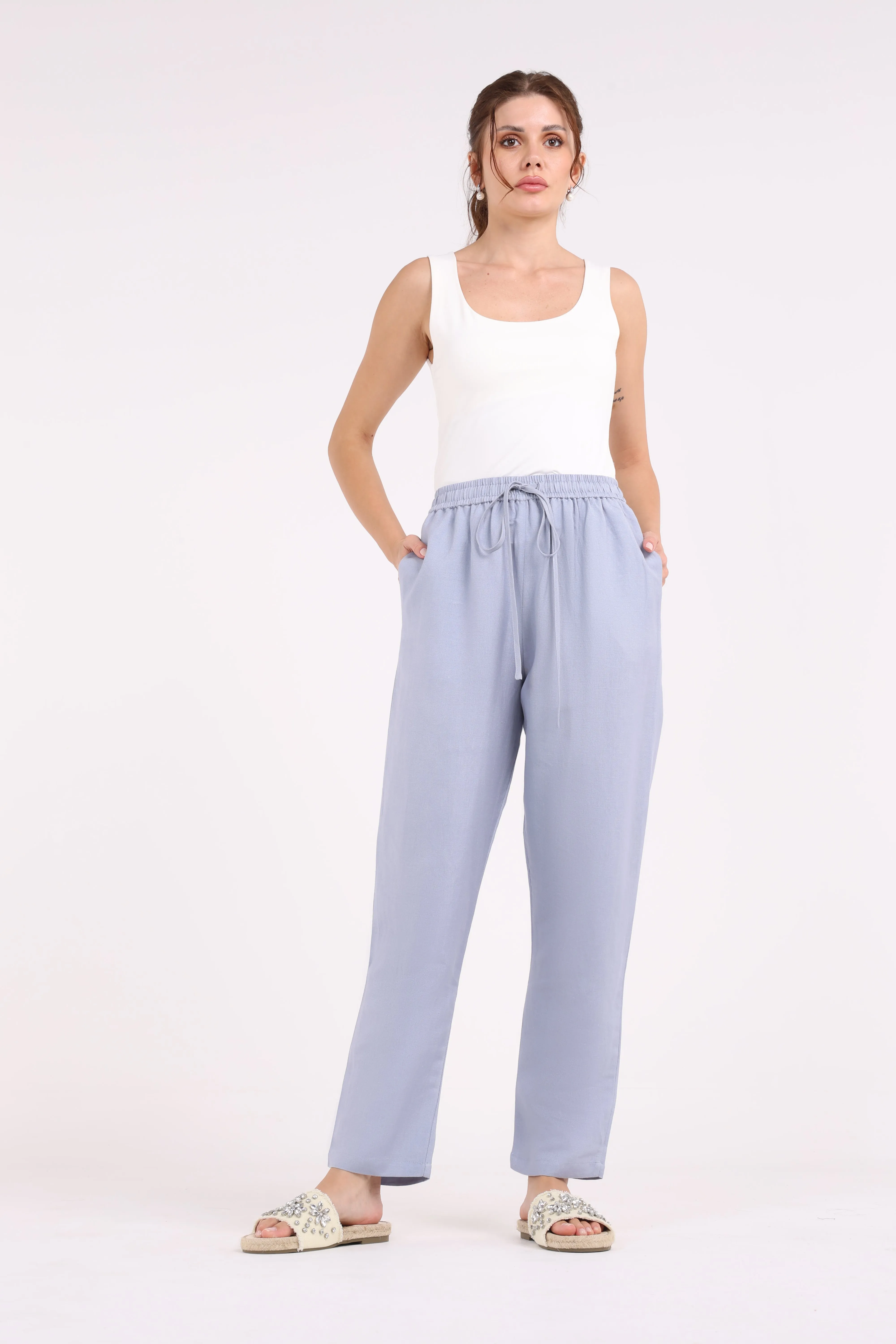 Elastic Waist Straight Leg Solid Trouser