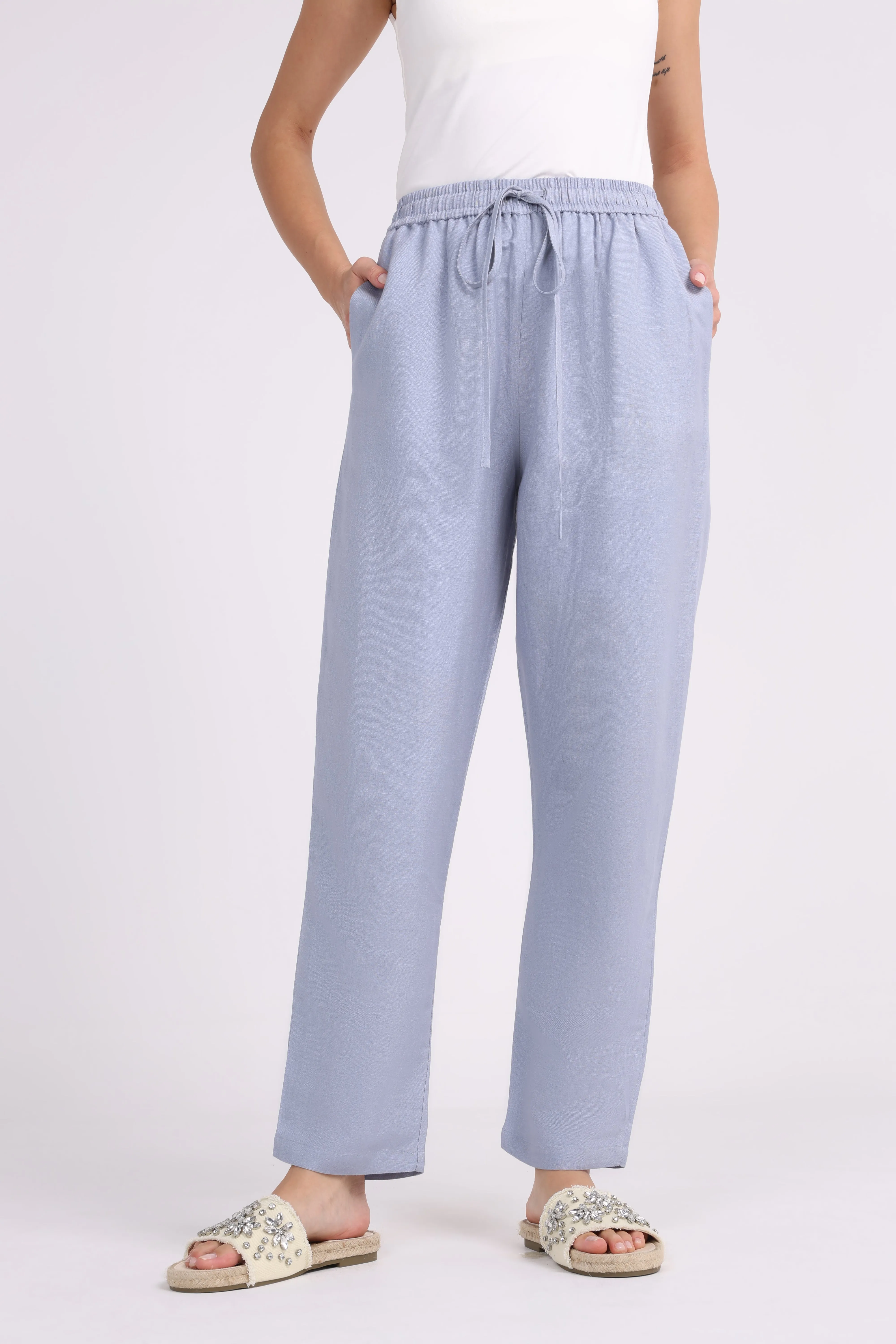 Elastic Waist Straight Leg Solid Trouser