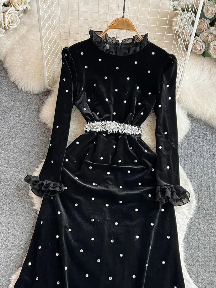 EWQ Sweet Style Women's Dress Flare Long Sleeve Diamond Stand Velvet High Waist A-line Dresses Autumn Winter 2023 New 27SN4592