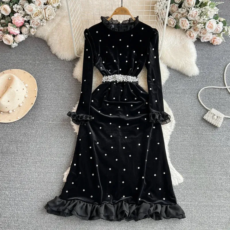 EWQ Sweet Style Women's Dress Flare Long Sleeve Diamond Stand Velvet High Waist A-line Dresses Autumn Winter 2023 New 27SN4592