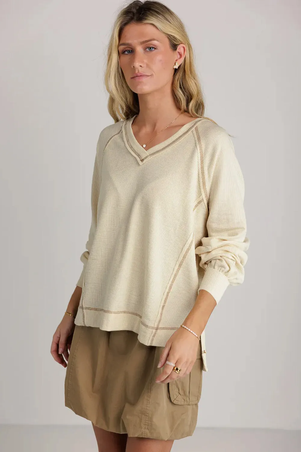 Exposed Seam Textured Knit V Neck Pullover Top