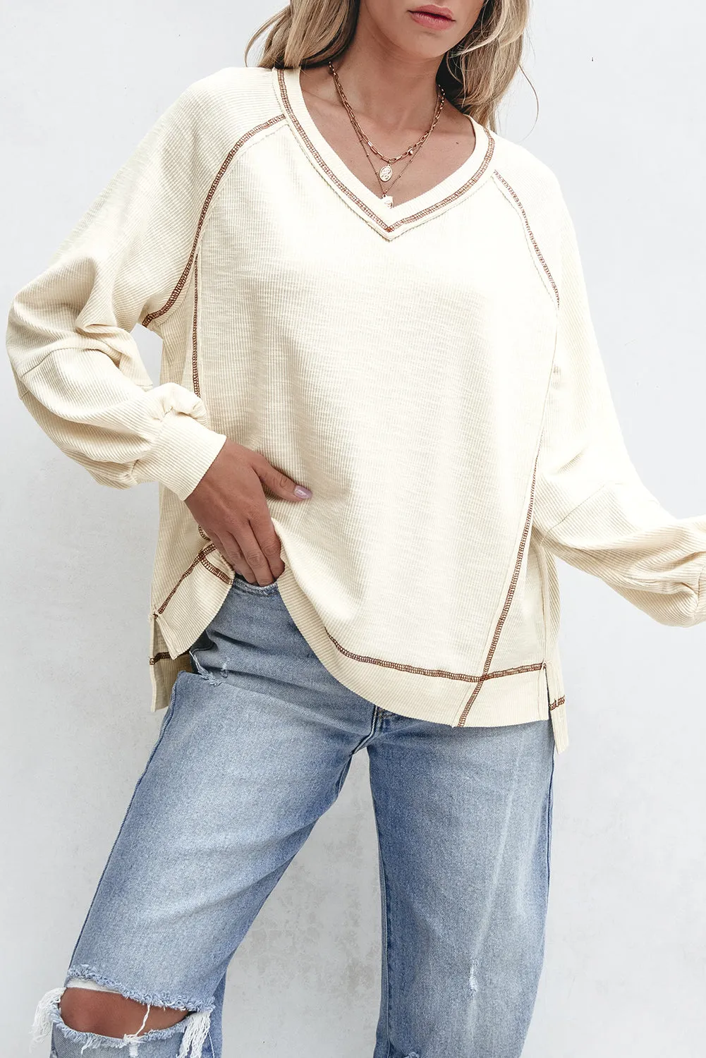 Exposed Seam Textured Knit V Neck Pullover Top