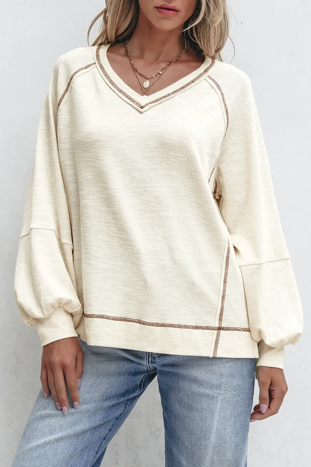 Exposed Seam Textured Knit V Neck Pullover Top