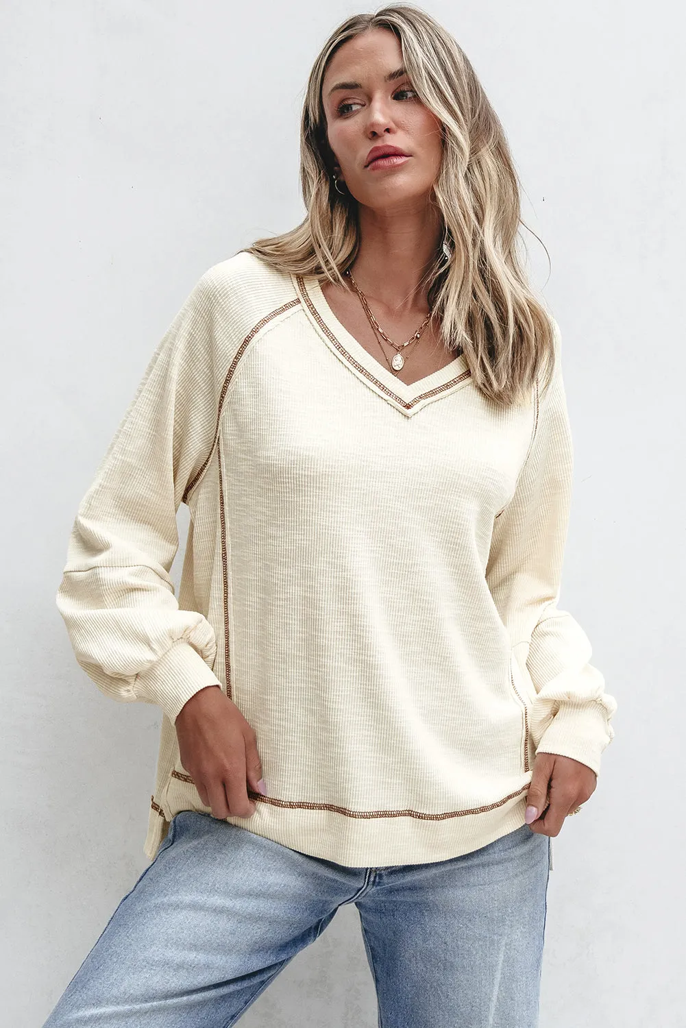 Exposed Seam Textured Knit V Neck Pullover Top