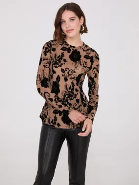 Flocked Mesh Top With Shirttail Hem