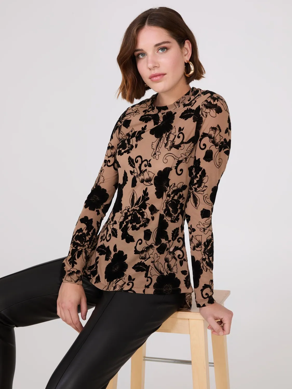 Flocked Mesh Top With Shirttail Hem