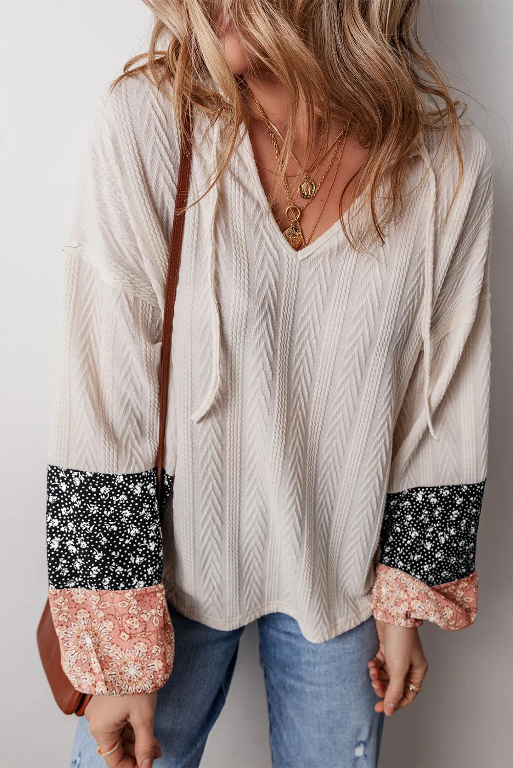 Floral Patchwork Textured Knit Drawstring V Neck Blouse